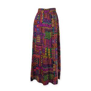 60s 70s Barkcloth Wood Block Print Maxi Skirt ~ neon small groovy